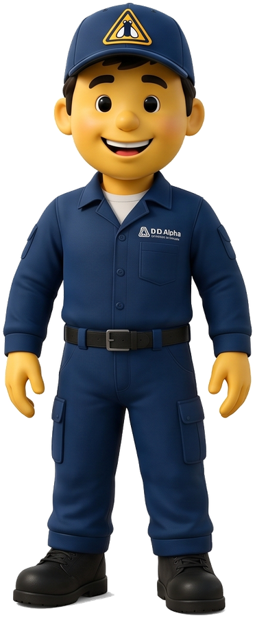 ALPHINHA, mascote da D.D.ALPHA, com uniforme e boné da empresa